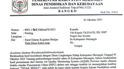Dinas Pendidikan dan Kebudayaan kabupaten Merangin terbitkan surat edaran (SE) proses belajar mengajar dari rumah atau daring. Minggu (1/10/2023).