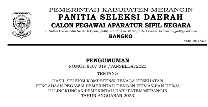 Pengumuman kelulusan hasil seleksi PPPK tenaga kesehatan Pemkab Merangin tahun 2023. Jum'at (15/12/2023).
