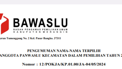Pengumuman nama-nama anggota Panwaslu Kecamatan terpilih untuk Pilkada 2024.
