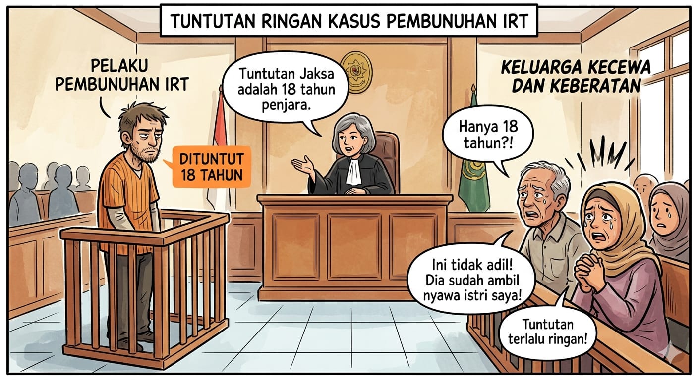 Terdakwa Dede Maulana, yang terbukti melakukan aksi pembunuhan keji terhadap korban, hanya dituntut hukuman 18 tahun penjara. Angka ini dinilai keluarga sangat jauh dari rasa keadilan dibandingkan dengan hilangnya nyawa orang tercinta secara tragis.